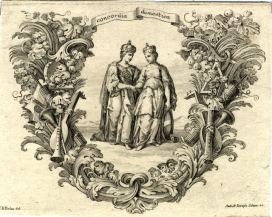 Allegória Magyarország és Ausztria szövetségére. 1735 Rézmetszet. Nicolaus Bruno Belau (1684-1747)-Andreas Schmutzer (1700-1740) és Joseph Schmutzer (1683-1740)\r\n\r\n