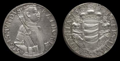 Báthory Zsigmond erdélyi fejedelem 1589-ben vert ezüst tallérjának elő és hátlapja. 