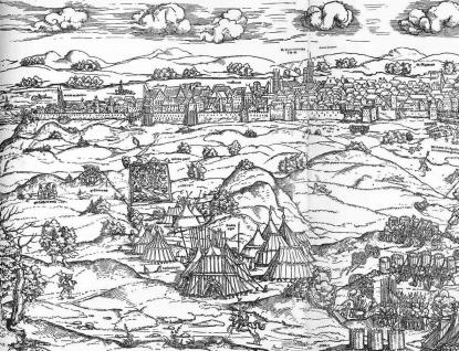 Erhard Schön (1491-1542 körül): Buda ostroma. 1541 (a metszet bal oldali része)