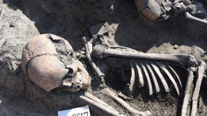 Hódmezővásárhely, 2017. június 28. Zsugorított pozícióban eltemetett csontvázlelet a tizenegy ember maradványait rejtő késő bronzkori, kora vaskori sírban Hódmezővásárhely-Kopáncs térségében egy homokbánya területén 2017. június 28-án. Az eltérő időpontokban életüket vesztő tizenegy embert valamilyen sajátos rítus részeként később együtt temették el újra.