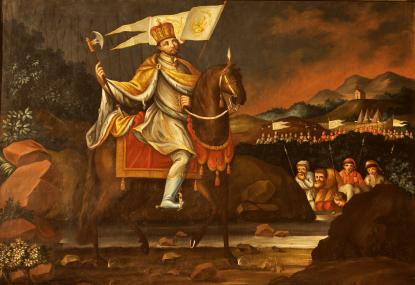 László király katonái számára vizet fakaszt. Korábbi eredeti alapján Báró Fischer készíttette festmény 1817-ből a debrődi templom szentélyében. 