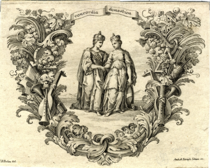 Allegória Magyarország és Ausztria szövetségére. 1735 Rézmetszet. Nicolaus Bruno Belau (1684-1747)-Andreas Schmutzer (1700-1740) és Joseph Schmutzer (1683-1740)\r\n\r\n