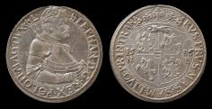 Báthory István lengyel király és erdélyi fejdelem az erdélyi Nagybányán vert ezüst tallérjának elő és hátlapja 1586-ból. 