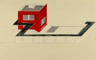 Molnár Farkas: A vörös kocka, 1922/23., tus, fedőfesték, pauszpapír, 58,5x91 cm (Deutsches Architekturmuseum, Frankfurt, egykor a Betlheim-hagyatékban)