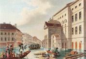 Johann Hürlimann: Árvíz a pesti Színház-téren, 1838 (színezett akvatinta), <br>forrás: Wikipédia