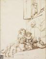 REMBRANDT Harmensz. van Rijn: Asszony síró gyermekkel és kutyával,  1635–1636. Toll, barna tinta, papír
