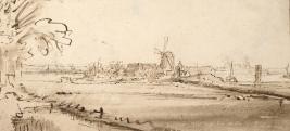 Rembrandt Harmensz. van Rijn: Die ehemalige Kupfermühle auf der Weesperzijde, späte 1640er-Jahre\r\nFeder und Pinsel in Braun
