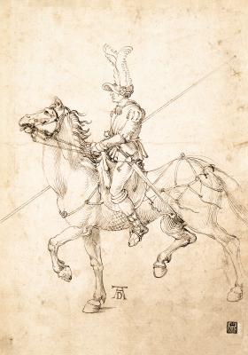 Albrecht Dürer műhelye: Lándzsás lovas, 1502. Toll, barna tinta, 272 × 215 mm\r\n