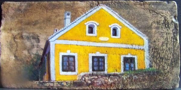 Régi ház Köveskálon, olaj,18.sz-i tetőcserép, 18 x 36,3 cm, 2017, Levy Műterem-Galéria\r\n