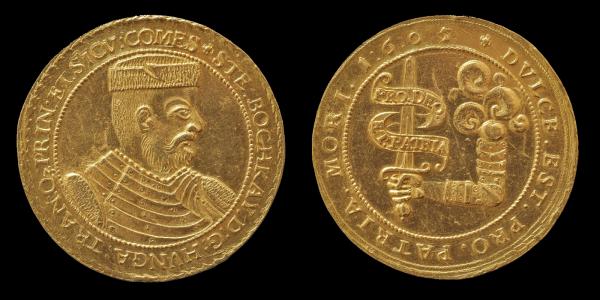 Bocskai István erdélyi fejedelem tízszeres arany dukátjának remek példánya 1605-ből. 