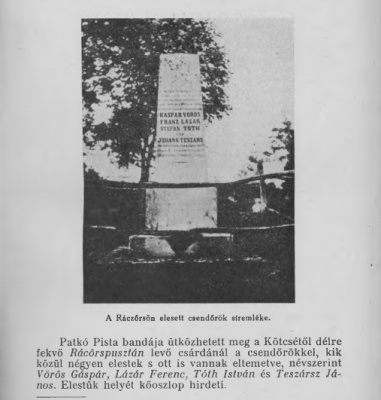 Az emlékmű képe 1940 körül, a Somogyi betyárvilág című könyvben