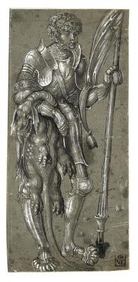 Id. Lucas Cranach: Szent György, 1506 körül. Toll, fekete tinta, szürke lavírozás, fehér fedőfesték, szürke alapozású papír, 212 × 100 mm\r\n