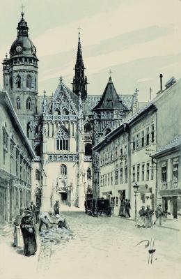 Háry Gyula: Kassa, a dóm a Forgách utca felől, 1890-es évek második fele, papír, lavírozott tus, fedőfehér; 245 × 185 mm\r\n