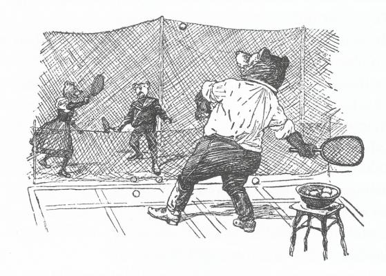 Teniszező mackók (Mühlbeck Károly festőművész, grafikus illusztrációja)