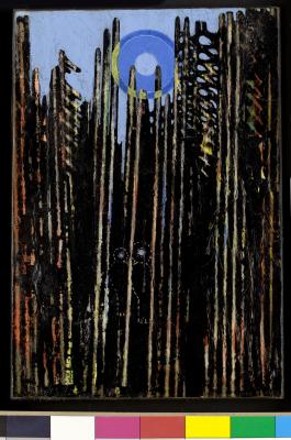 Max Ernst: Erdő, 1927; Olaj, papír, vászon; 36 × 24,5 cm; Reine Kleidman (Párizs és Jeruzsálem) ajándéka