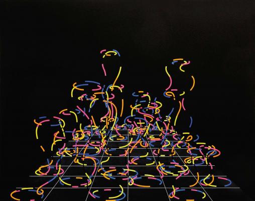 Mengyán András (1945): Megszakított folytonosság, 2003, vászon, akril, UV cső, 250×200 cm
