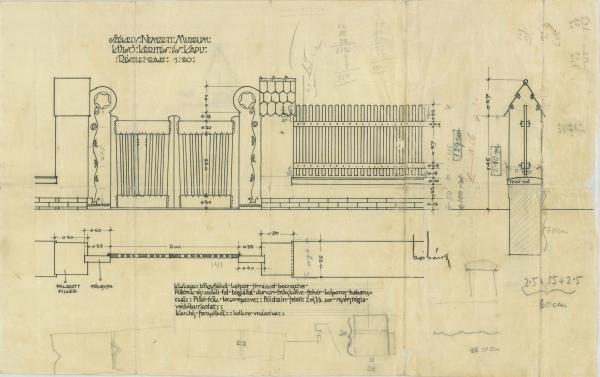 Külső kerítés és kapu részletrajza, metszettel (főbejárati tengely - utcai kapu - kerítés mező). M =1:20, 1912, SzNM