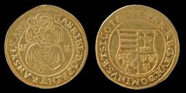 Báthory Gábor erdélyi fejedelem 1610-ben vert ötdenáros garas aranyverete ötszörös dukát súlyban.