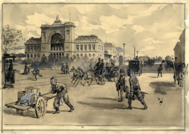 Háry Gyula (1864-1946): A Keleti pályaudvar. 1880-as évek. Akvarell, tusrajz, fedőfehér. \r\n