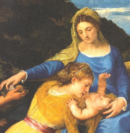 Tiziano Vecellio: Mária gyermekével, a kis Keresztelő Szent Jánossal és Szent Katalinnal, 1530 körül