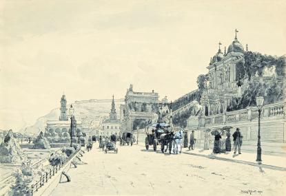 Nádler Róbert: A budai Dunasor a várkerti épületekkel, 1890, papír, lavírozott tus, toll; 249 × 362 mm\r\n Nádler Róbert: A budai Dunasor a várkerti épületekkel, 1890, papír, lavírozott tus, toll; 249 × 362 mm\r\n