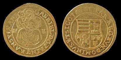 Báthory Gábor erdélyi fejedelem 1610-ben vert ötdenáros garas aranyverete ötszörös dukát súlyban.