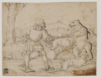 Augustin Hirschvogel: Álló medve elejtése, toll, barna tinta, 162 × 207 mm. Ltsz. 134. 