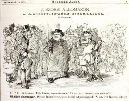 Korabeli karikatúra az állomáson történt nagy találkozásról, Hatvan