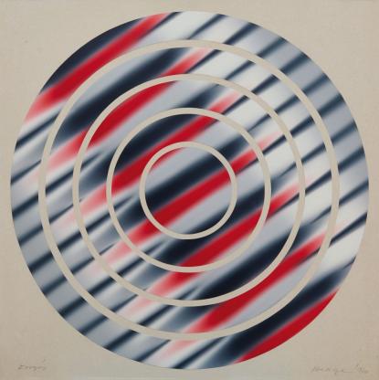 Hencze Tamás: Forgás, 1970, ofszetfesték, karton, kollázs, 70×70 cm