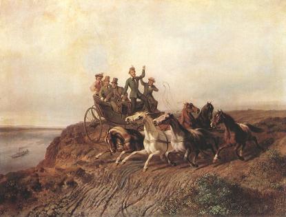 Johann Gottlieb Erdmann Prestel (1804–1885): Sándor Móric megelőzi fogatával a gőzhajót, 1850 körül\r\n
