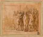 Francesco Parmigianino<br>
Csoporttanulmány, 1525 - 1527 körül<br>
Toll és lavírozás, barna tinta, fedőfehér, rózsaszínre alapozott papíron<br>
143 × 161 mm<br>
Budapest, Szépművészeti Múzeum, ltsz. 1888<br>