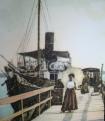 Képeslaprészlet a balatonfüredi mólóval 1909-ben - gőzhajóval és egy sétáló hölggyel