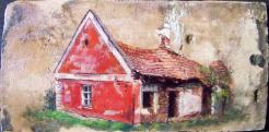 Régi ház Barnagon, olaj-18.sz-i tetőcserép, 18,4 x 37,2 cm, 2015, Levy Műterem-Galéria\r\n