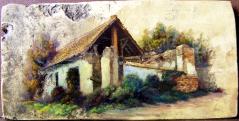 Régi ház Murgán, olaj-18.sz-i tetőcserép, 18 x 36,5 cm, 2013, magángyűjtemény, Budapest\r\n