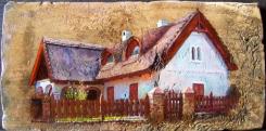 Salföldi házak, olaj, 18.sz-i tetőcserép, 18 x 36,3 cm, 2017, Levy Műterem-Galéria