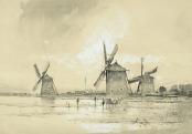 Mednyánszky László: Félegyházi szélmalmok, 1890 körül, papír, lavírozott tus, fedőfehér; 273 × 392 mm\r\n