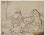 Augustin Hirschvogel: Álló medve elejtése, toll, barna tinta, 162 × 207 mm. Ltsz. 134. 