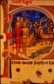 László herceg, Géza király és a fogadalmi egyház helyét kijelölő látomásos szarvas a mogyoródi csatát követően. Iniciálé a Képes Krónikában