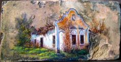 Régi ház Béren, olaj, 18.sz-i tetőcserép, 18 x 36,5 cm, 2013., magángyűjtemény, Budapest\r\n