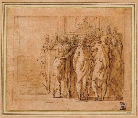 Francesco Parmigianino<br>
Csoporttanulmány, 1525 - 1527 körül<br>
Toll és lavírozás, barna tinta, fedőfehér, rózsaszínre alapozott papíron<br>
143 × 161 mm<br>
Budapest, Szépművészeti Múzeum, ltsz. 1888<br>