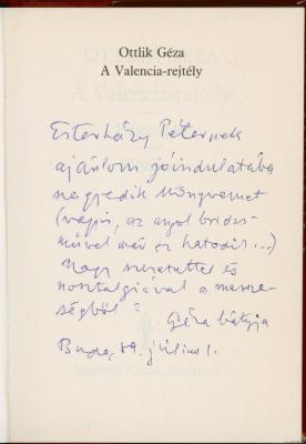 Esterházy Péternek dedikált könyv