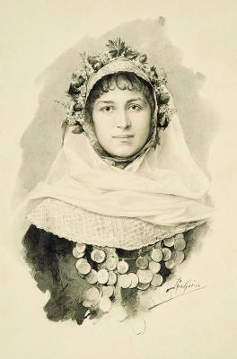 Roskovics Ignác: Bácskai szerb menyecske, 1890 k., papír, lavírozott tus, toll, 230 × 143 mm\r\n
