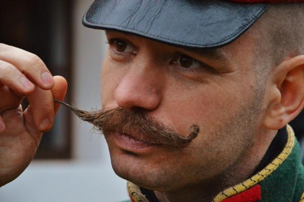 Bajszát pödrő huszár