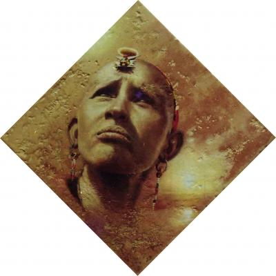 Bihari Andrea (Ynda): A nap kapujában, olaj-kerámia,  34x34 cm