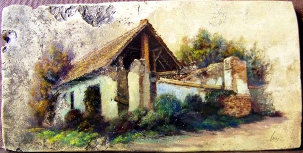 Régi ház Murgán, olaj-18.sz-i tetőcserép, 18 x 36,5 cm, 2013, magángyűjtemény, Budapest\r\n