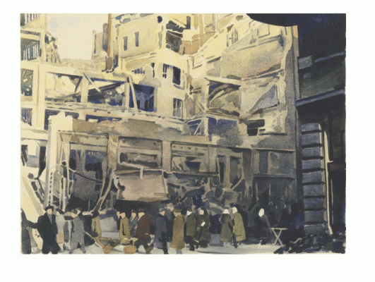 Amberg József: Rákóczi út, Divatcsarnok. Budapest, 1956. december 8. Akvarell - A Divatcsarnok romjai a Rákóczi úton, a Luther utca felől. Budapest, 1956. november 4. után. Gara László felvétele