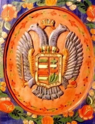 Szlovák falitéka magyar címerrel és a magyar nemzeti színek dominanciájával. Tótkomlós, 1850-es évek 