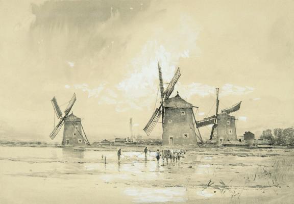 Mednyánszky László: Félegyházi szélmalmok, 1890 körül, papír, lavírozott tus, fedőfehér; 273 × 392 mm\r\n