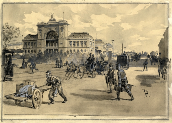 Háry Gyula (1864-1946): A Keleti pályaudvar. 1880-as évek. Akvarell, tusrajz, fedőfehér. \r\n