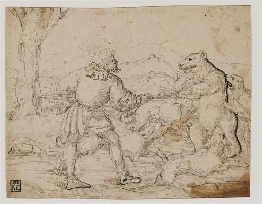 Augustin Hirschvogel: Álló medve elejtése, toll, barna tinta, 162 × 207 mm. Ltsz. 134. 